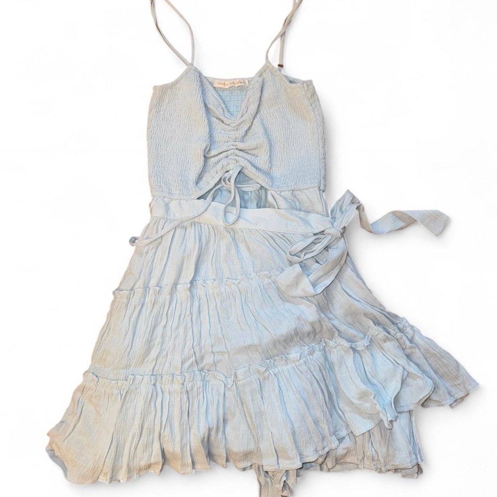 Light Blue Smocked Tiered Mini Dress with Tie Waist
